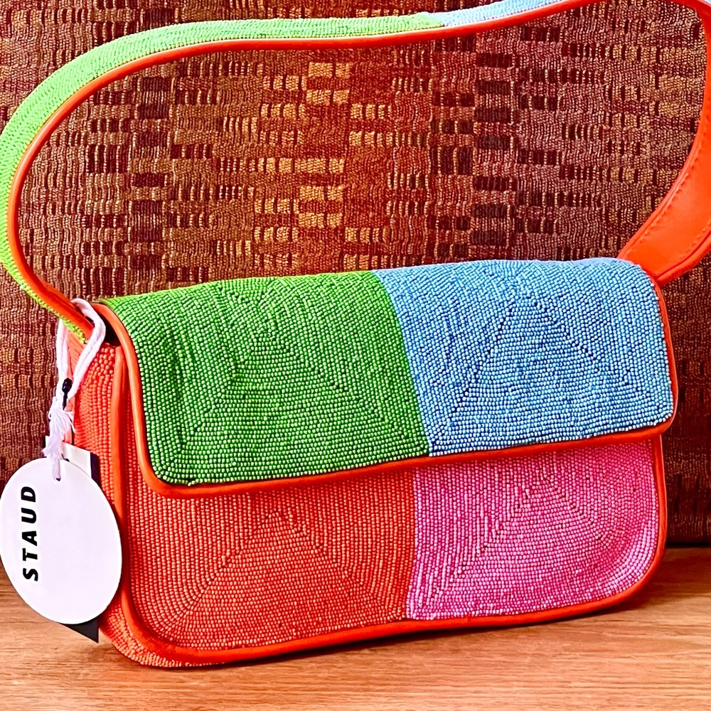 🌺🎉HP🎉🌺 NWT Staud Beaded Tommy Shoulder Bag Multi Colorblock 🌟RARE FIND🌟 - Picture 2 of 16